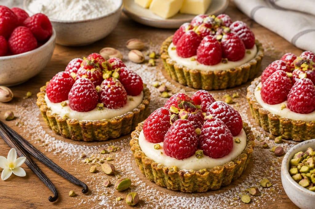 Tartelettes aux framboises : crème vanille et pâte pistache