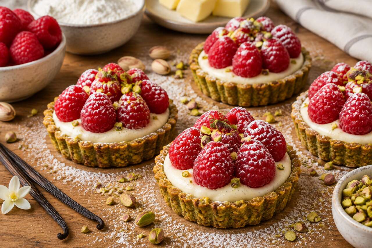 Tartelettes aux framboises : crème vanille et pâte pistache