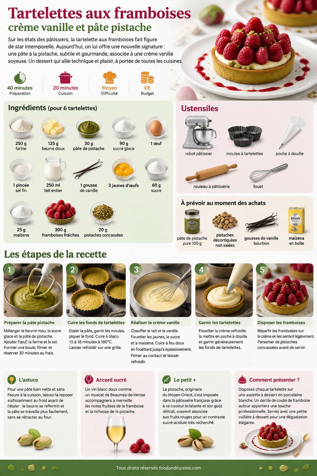 Fiche recette Tartelettes aux framboises : cr&egrave;me vanille et p&acirc;te pistache