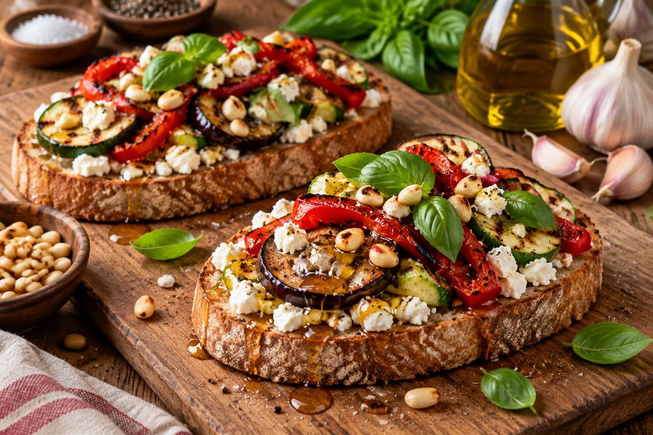 Tartines de feta, pignons et légumes grillés : recette savoureuse
