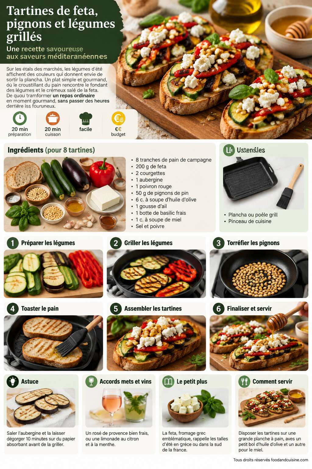 Fiche recette Tartines de feta, pignons et légumes grillés : recette savoureuse Fiche recette Tartines de feta, pignons et légumes grillés : recette savoureuse