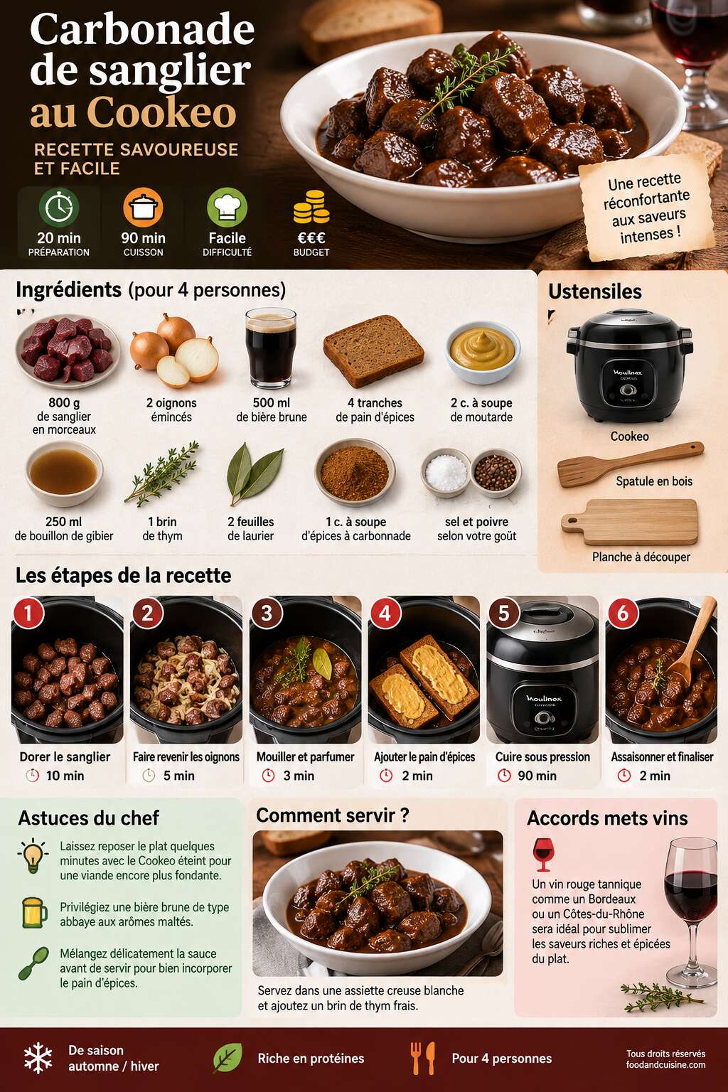 Fiche recette Carbonade de sanglier au Cookeo : recette savoureuse et facile