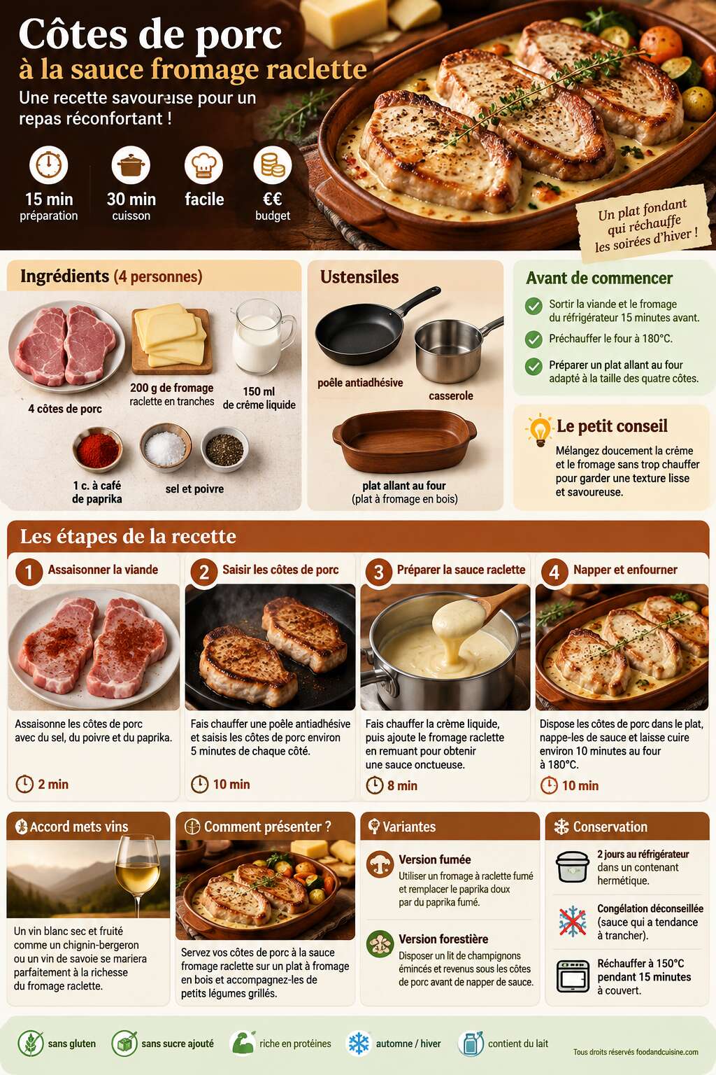Fiche recette Côtes de porc à la sauce fromage raclette : recette savoureuse Fiche recette Côtes de porc à la sauce fromage raclette : recette savoureuse