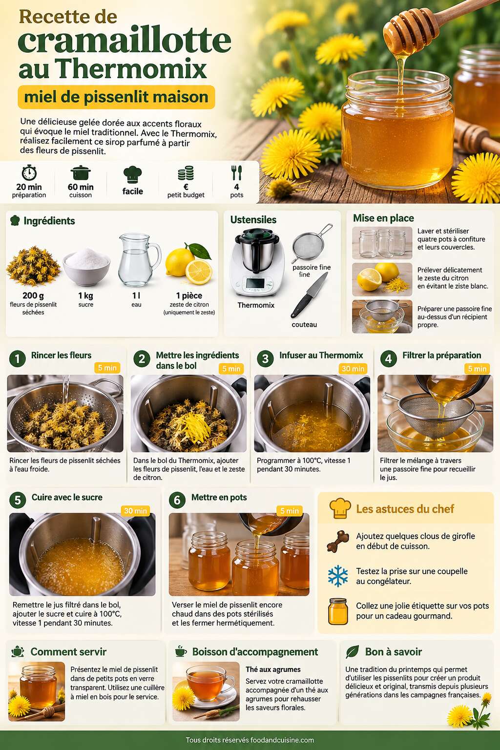 Fiche recette Recette de cramaillotte au Thermomix : miel de pissenlit maison