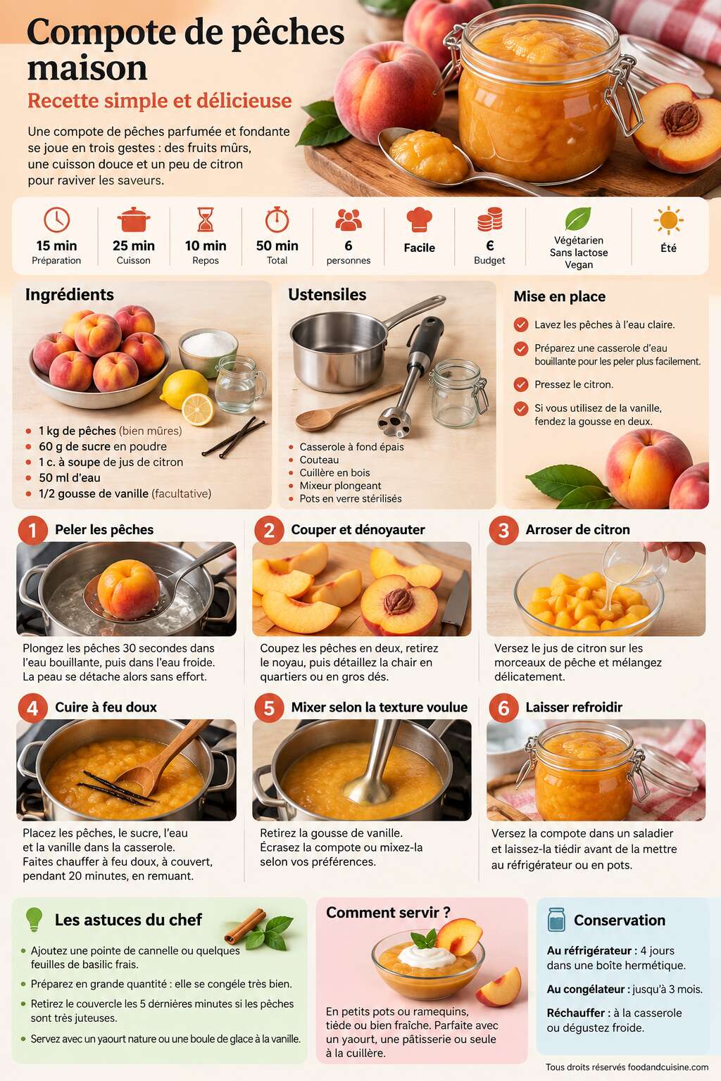 Fiche recette Compote de p&ecirc;ches maison : recette simple et d&eacute;licieuse