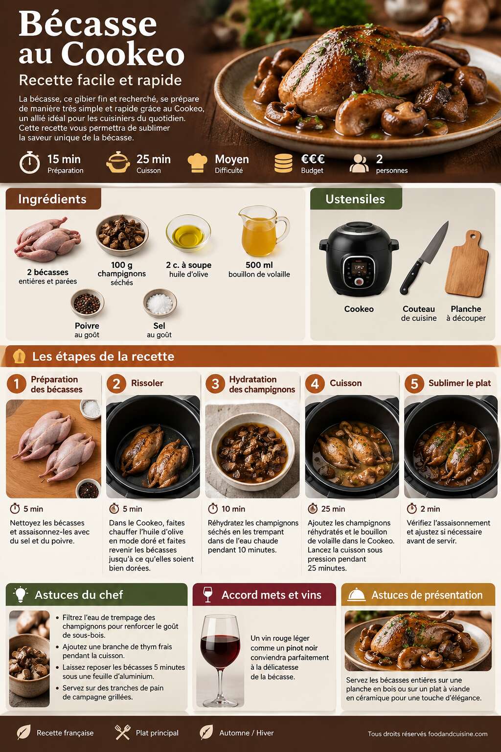 Fiche recette Bécasse au Cookeo : recette Facile et Rapide Fiche recette Bécasse au Cookeo : recette Facile et Rapide
