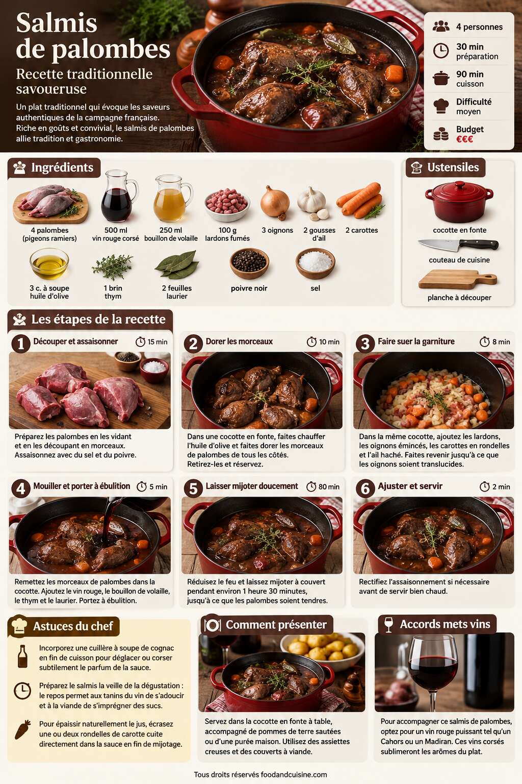 Fiche recette Salmis de palombes : recette traditionnelle savoureuse