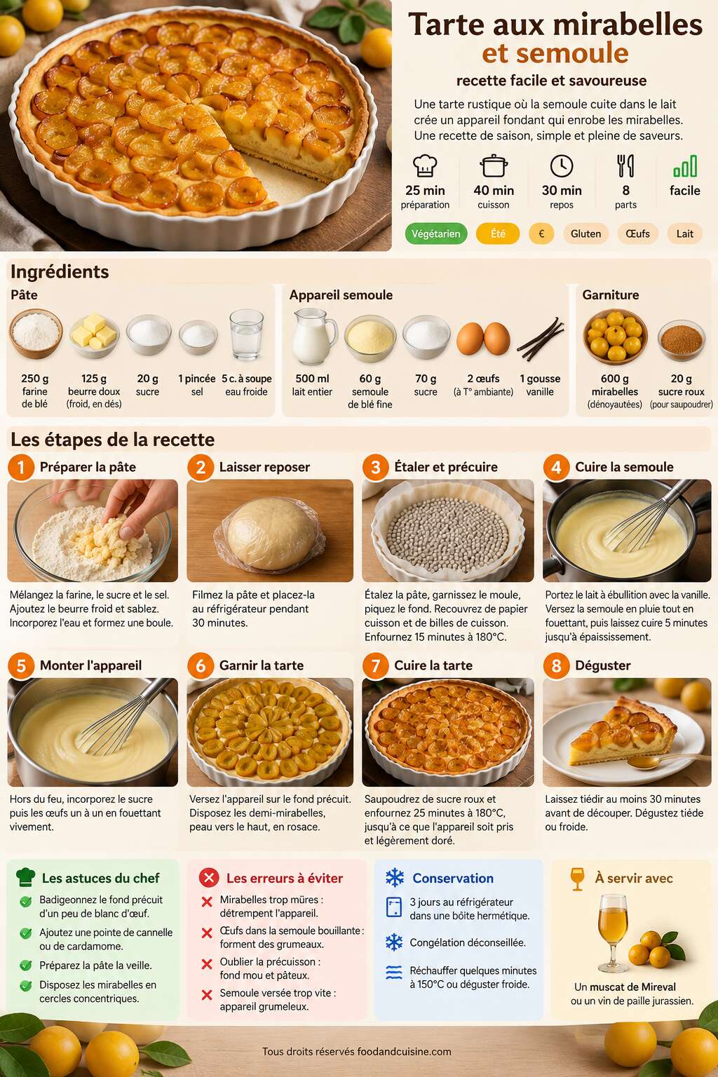 Fiche recette Tarte aux mirabelles et semoule : recette facile et savoureuse Fiche recette Tarte aux mirabelles et semoule : recette facile et savoureuse