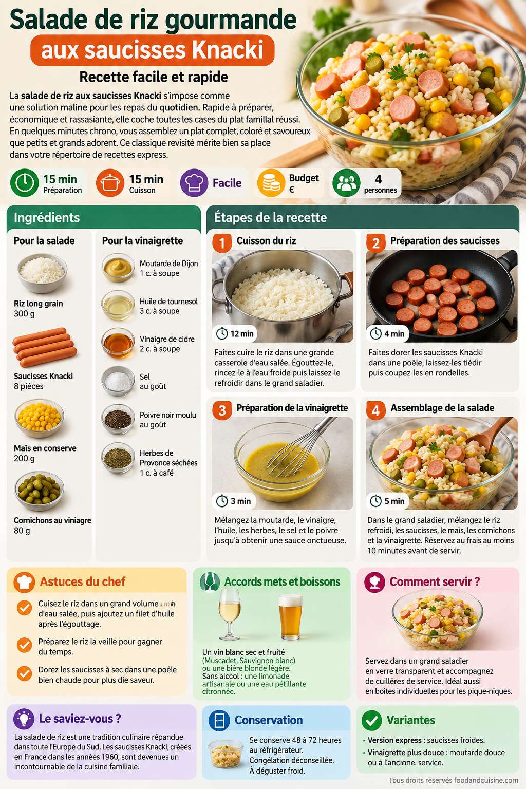 Fiche recette Salade de riz gourmande aux saucisses Knacki : recette facile et rapide
