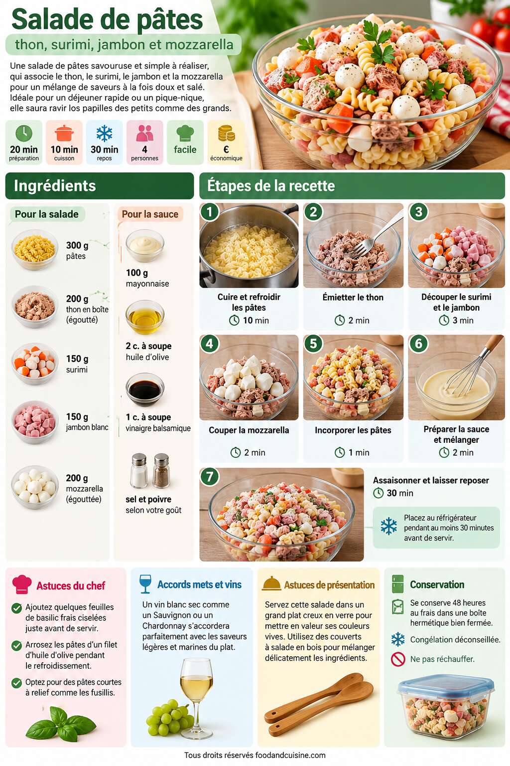 Fiche recette Salade de pâtes : thon, surimi, jambon et mozzarella Fiche recette Salade de pâtes : thon, surimi, jambon et mozzarella