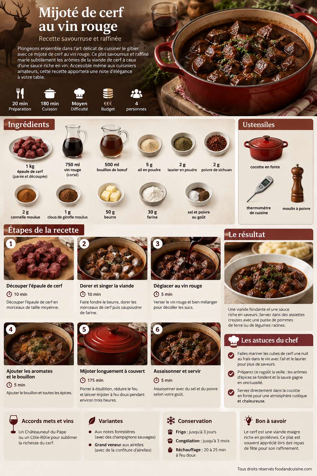 Fiche recette Mijot&eacute; de cerf au vin rouge : recette savoureuse et raffin&eacute;e