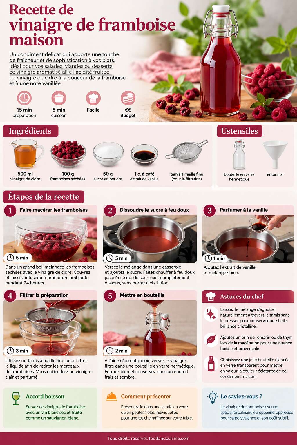 Fiche recette Recette de vinaigre de framboise maison