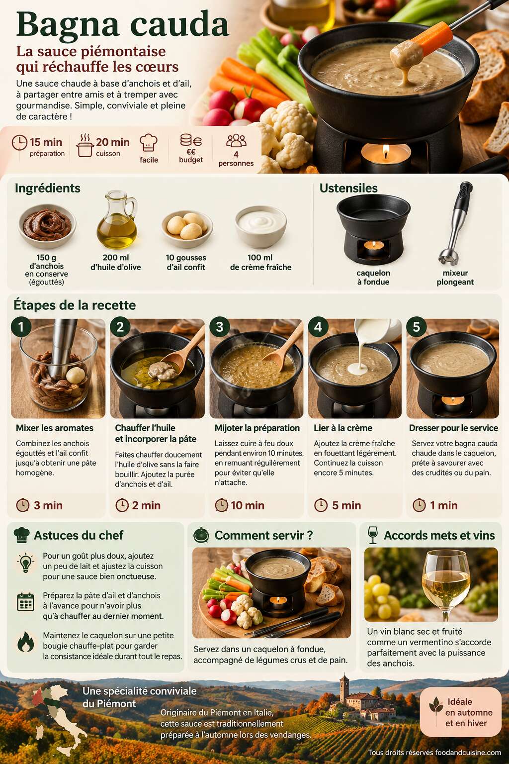 Fiche recette Recette authentique de la bagna cauda : sauce ancho&iuml;ade chaude