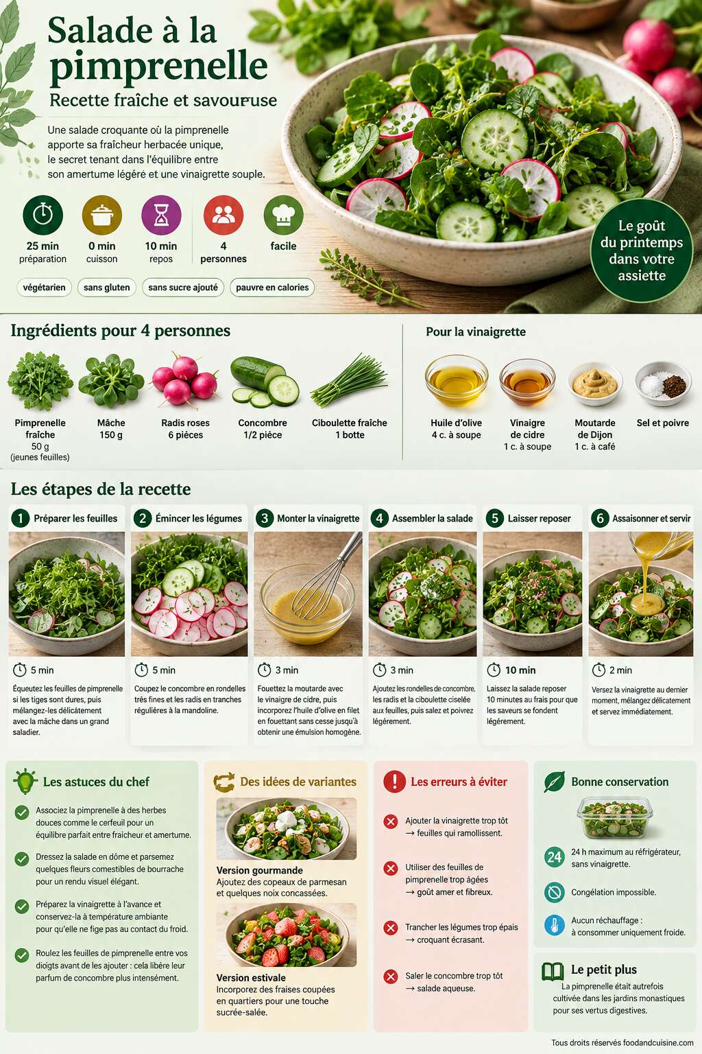 Fiche recette Salade &agrave; la pimprenelle : recette fra&icirc;che et savoureuse