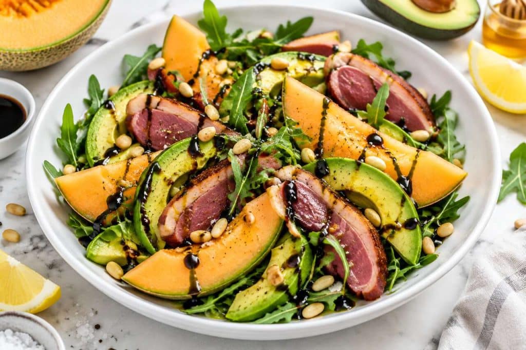 Salade de melon et avocat au magret fumé : recette gourmande