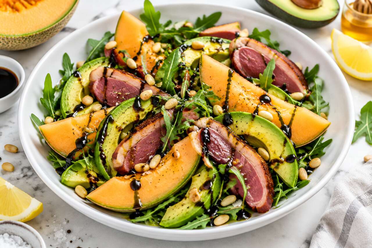 Salade de melon et avocat au magret fumé : recette gourmande