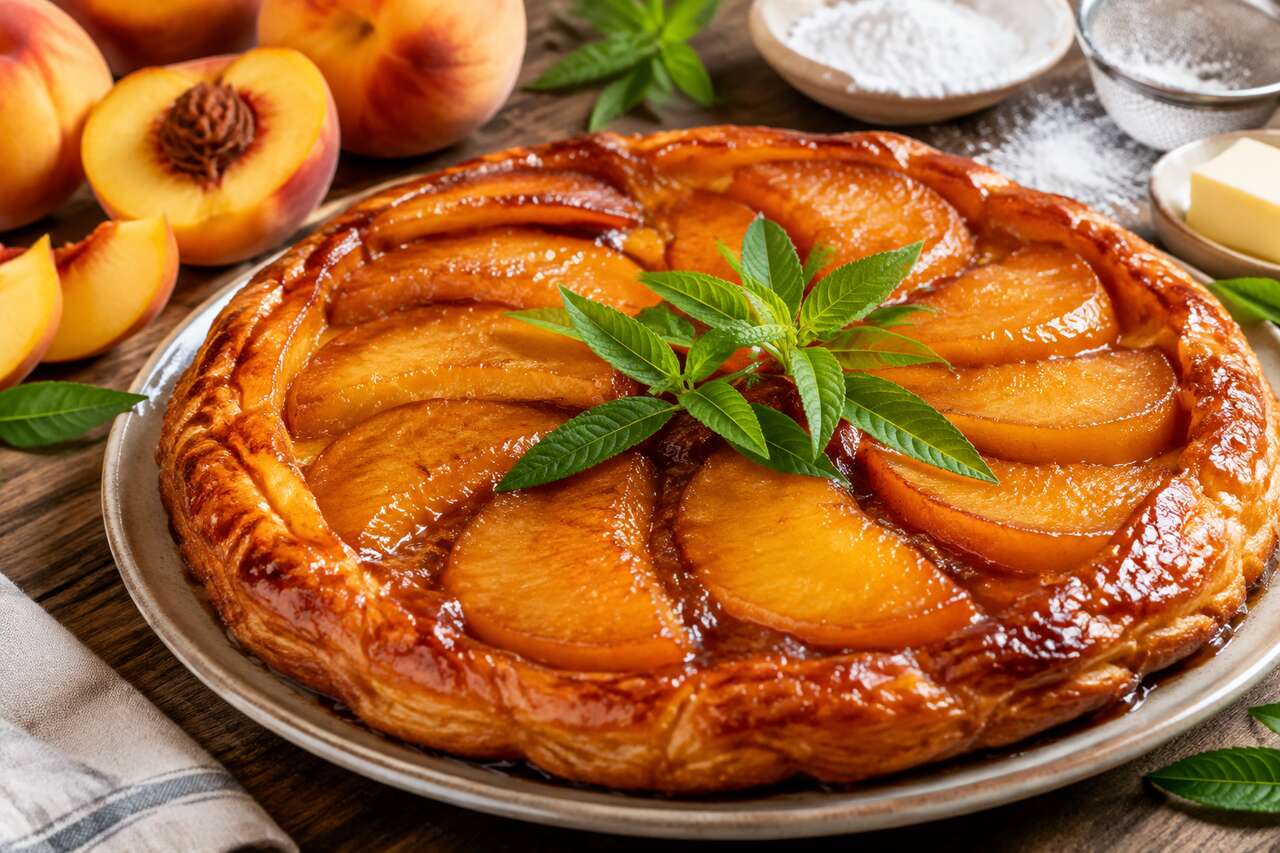 Tarte tatin aux pêches et verveine : recette gourmande