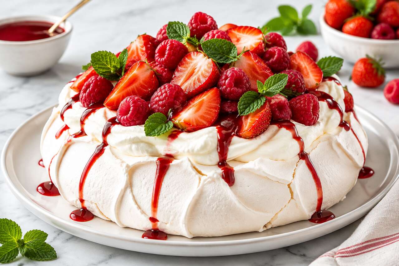 Pavlova aux framboises : recette gourmande avec coulis de fruits rouges