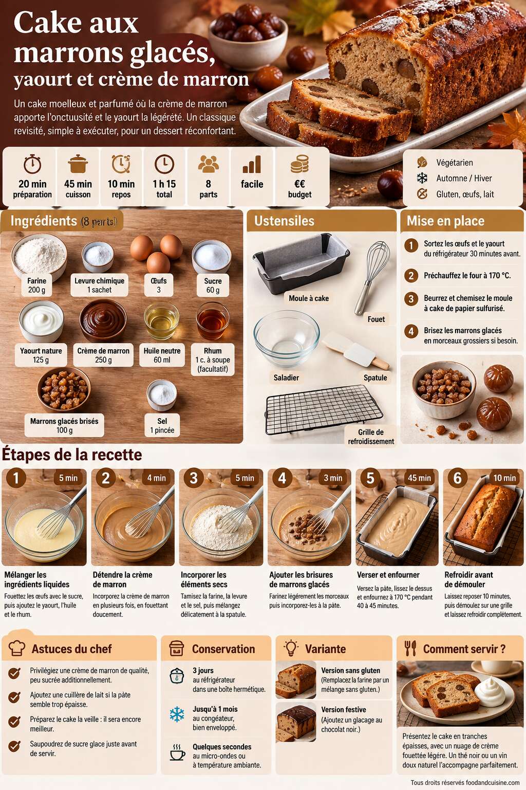 Fiche recette Recette de cake aux marrons glacés, yaourt et crème de marron Fiche recette Recette de cake aux marrons glacés, yaourt et crème de marron