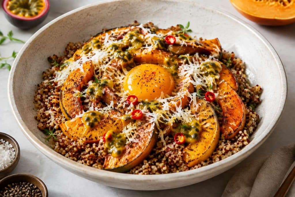 Recette de l'amarante carbonara à la courge et passion épicée