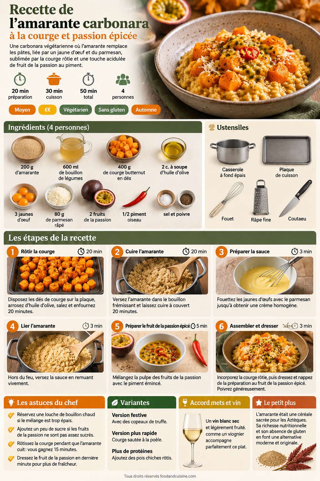 Fiche recette Recette de l'amarante carbonara &agrave; la courge et passion &eacute;pic&eacute;e