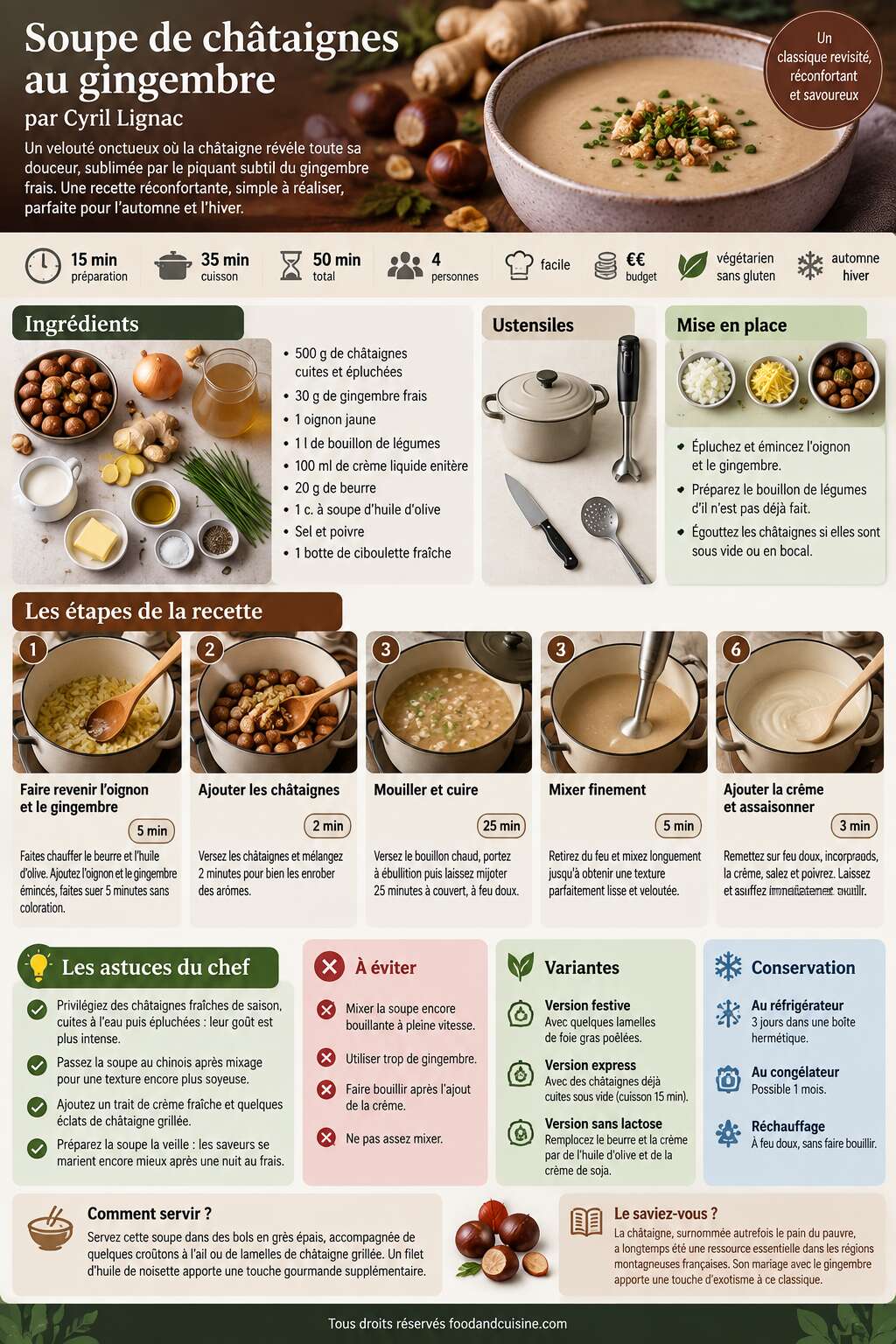 Fiche recette Soupe de ch&acirc;taignes au gingembre par Cyril Lignac