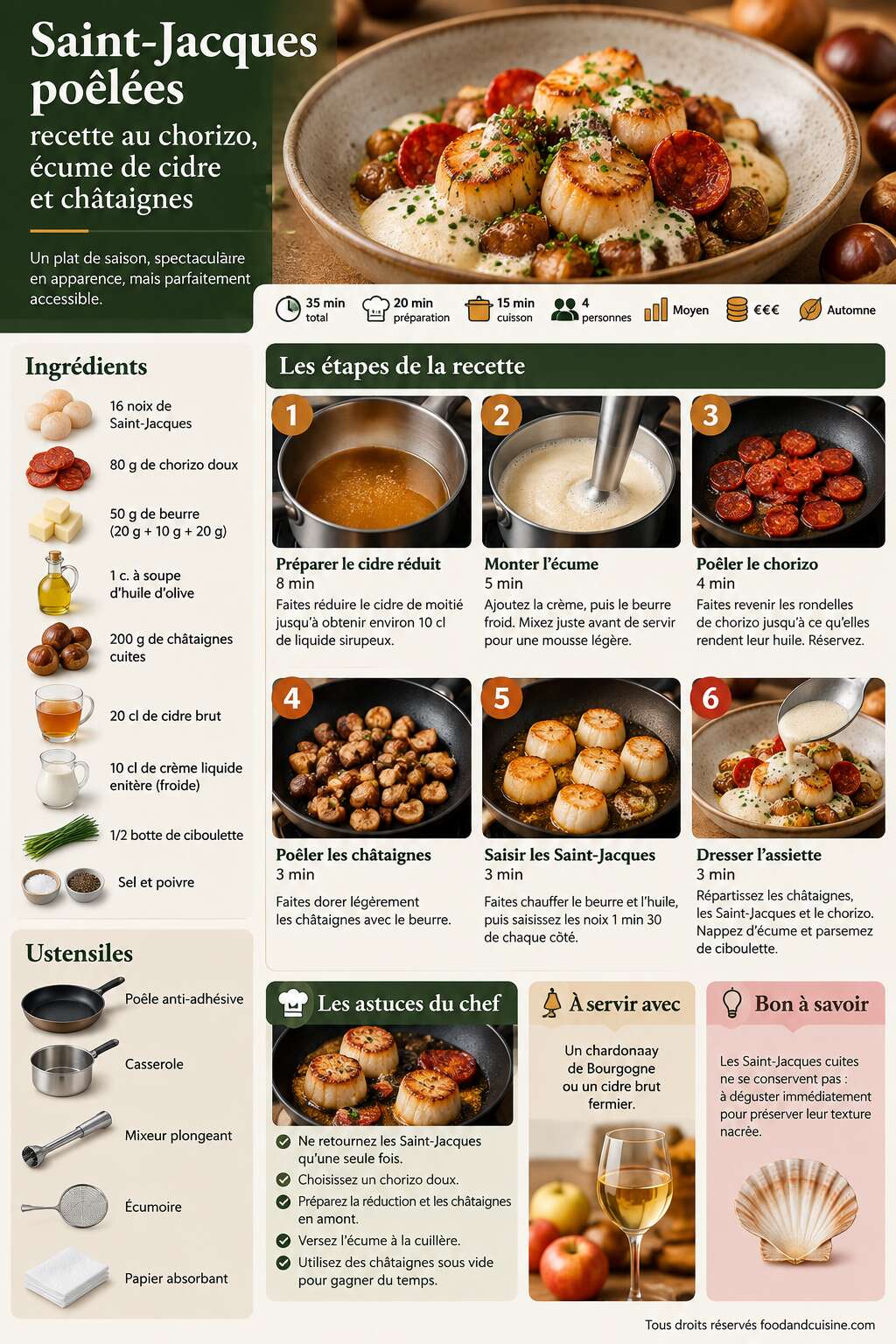 Fiche recette Saint-Jacques poêlées : recette au chorizo, écume de cidre et châtaignes Fiche recette Saint-Jacques poêlées : recette au chorizo, écume de cidre et châtaignes