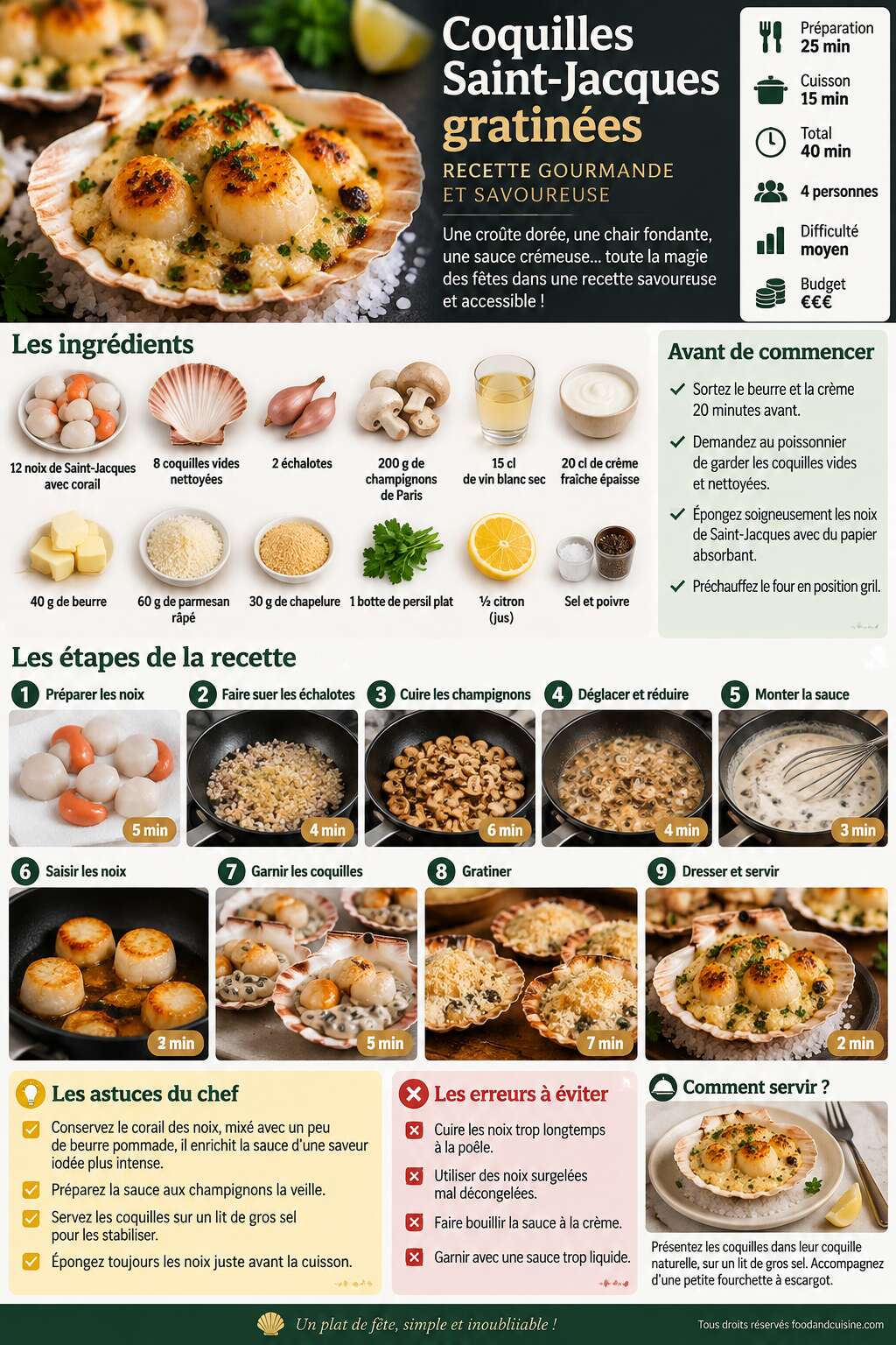 Fiche recette Coquilles Saint-Jacques gratinées : recette gourmande et savoureuse Fiche recette Coquilles Saint-Jacques gratinées : recette gourmande et savoureuse