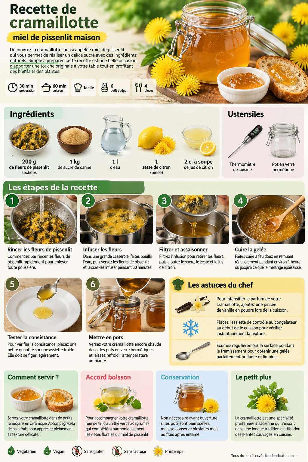 Fiche recette Recette de cramaillotte : miel de pissenlit maison