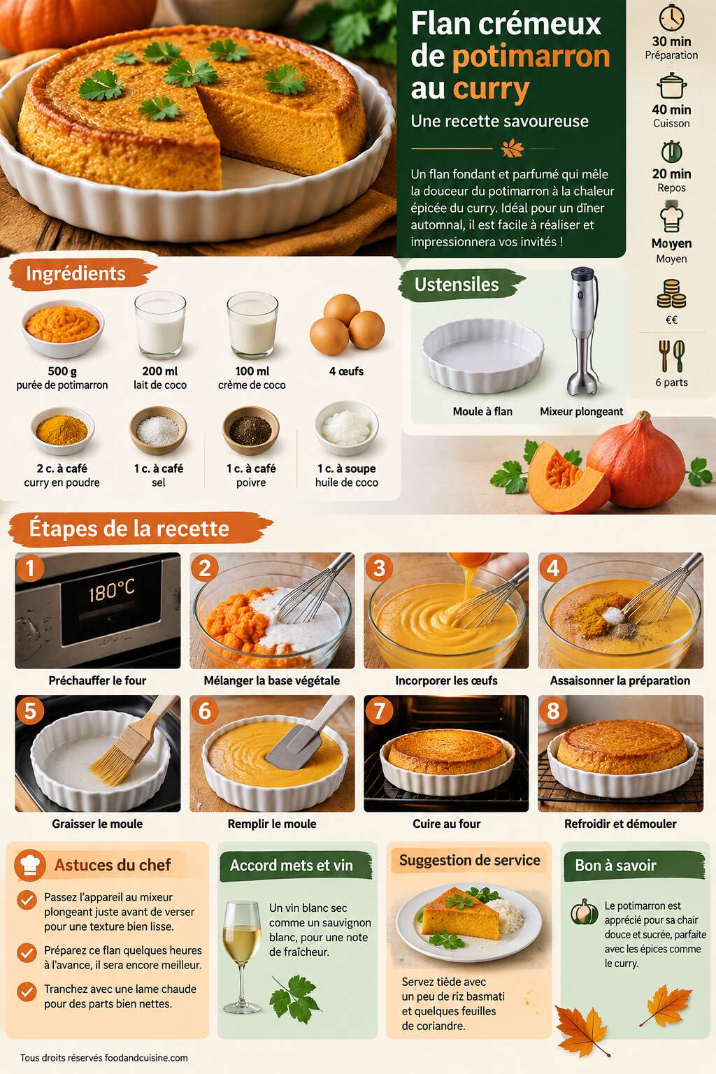 Fiche recette Flan crémeux de potimarron au curry : recette savoureuse Fiche recette Flan crémeux de potimarron au curry : recette savoureuse