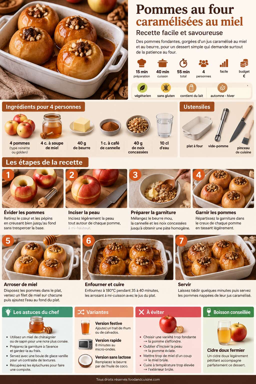 Fiche recette Pommes au four caram&eacute;lis&eacute;es au miel : recette facile et savoureuse