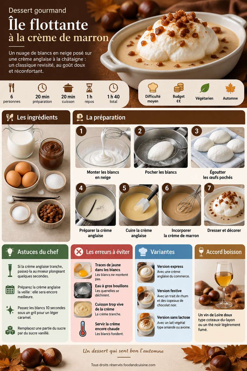 Fiche recette Dessert gourmand : &icirc;le flottante &agrave; la cr&egrave;me de marron
