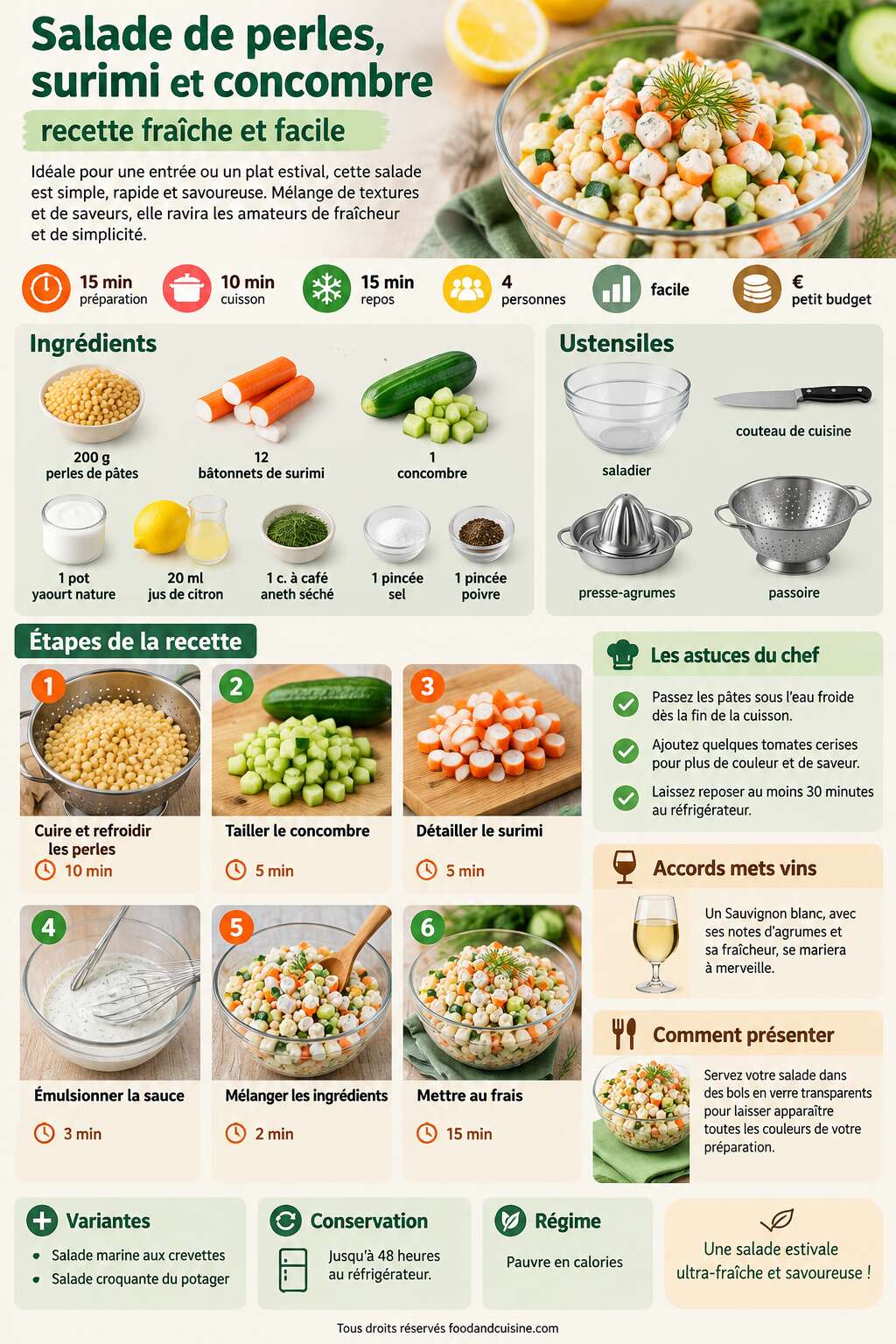 Fiche recette Salade de perles, surimi et concombre : recette fra&icirc;che et facile