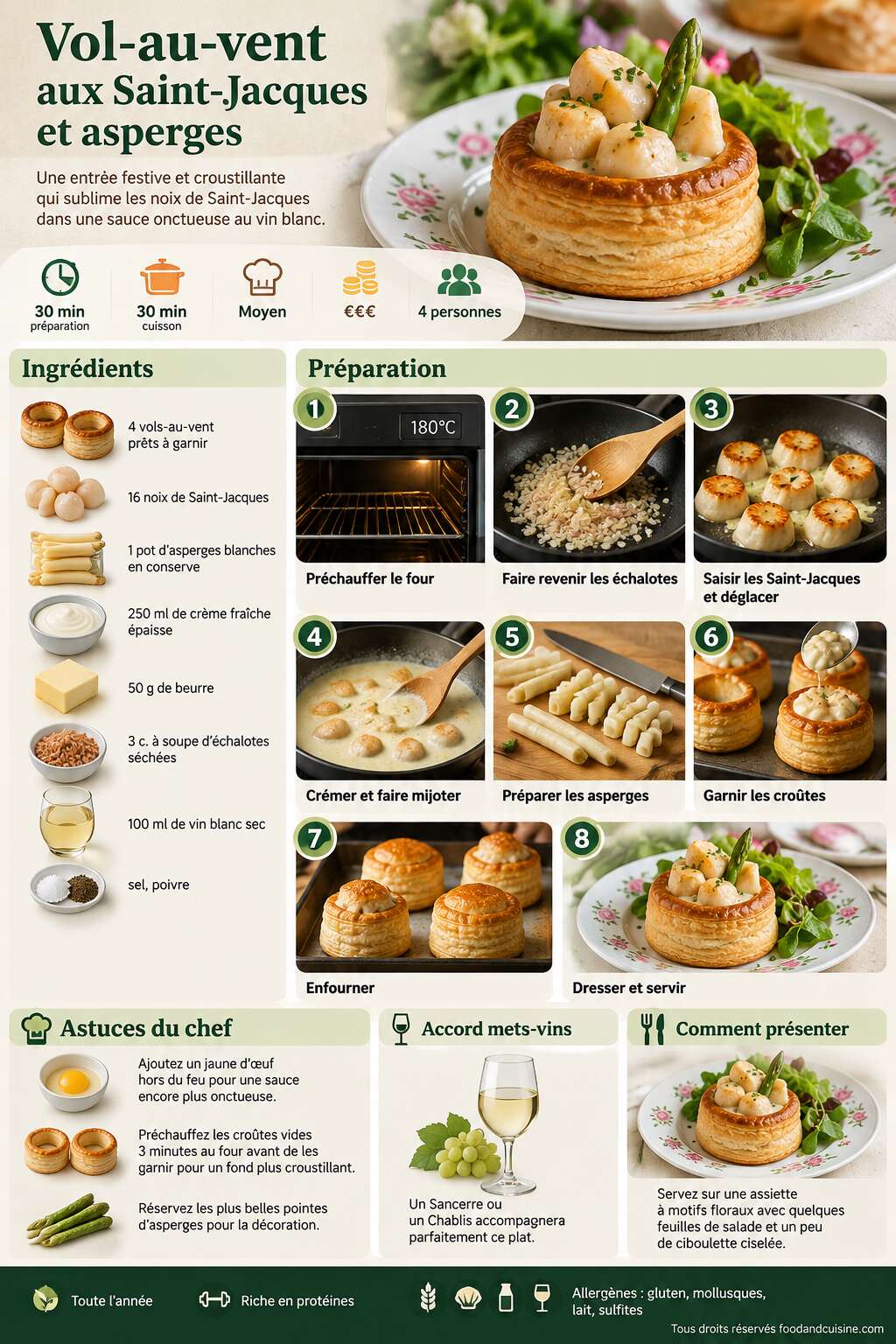 Fiche recette Vol-au-vent aux Saint-Jacques et asperges : recette savoureuse