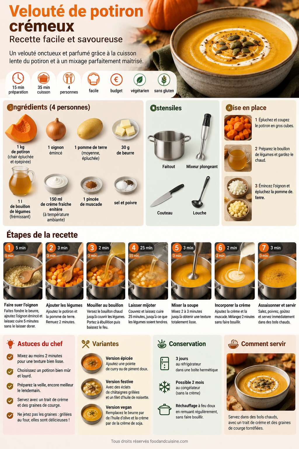 Fiche recette Velouté de potiron crémeux : recette facile et savoureuse Fiche recette Velouté de potiron crémeux : recette facile et savoureuse