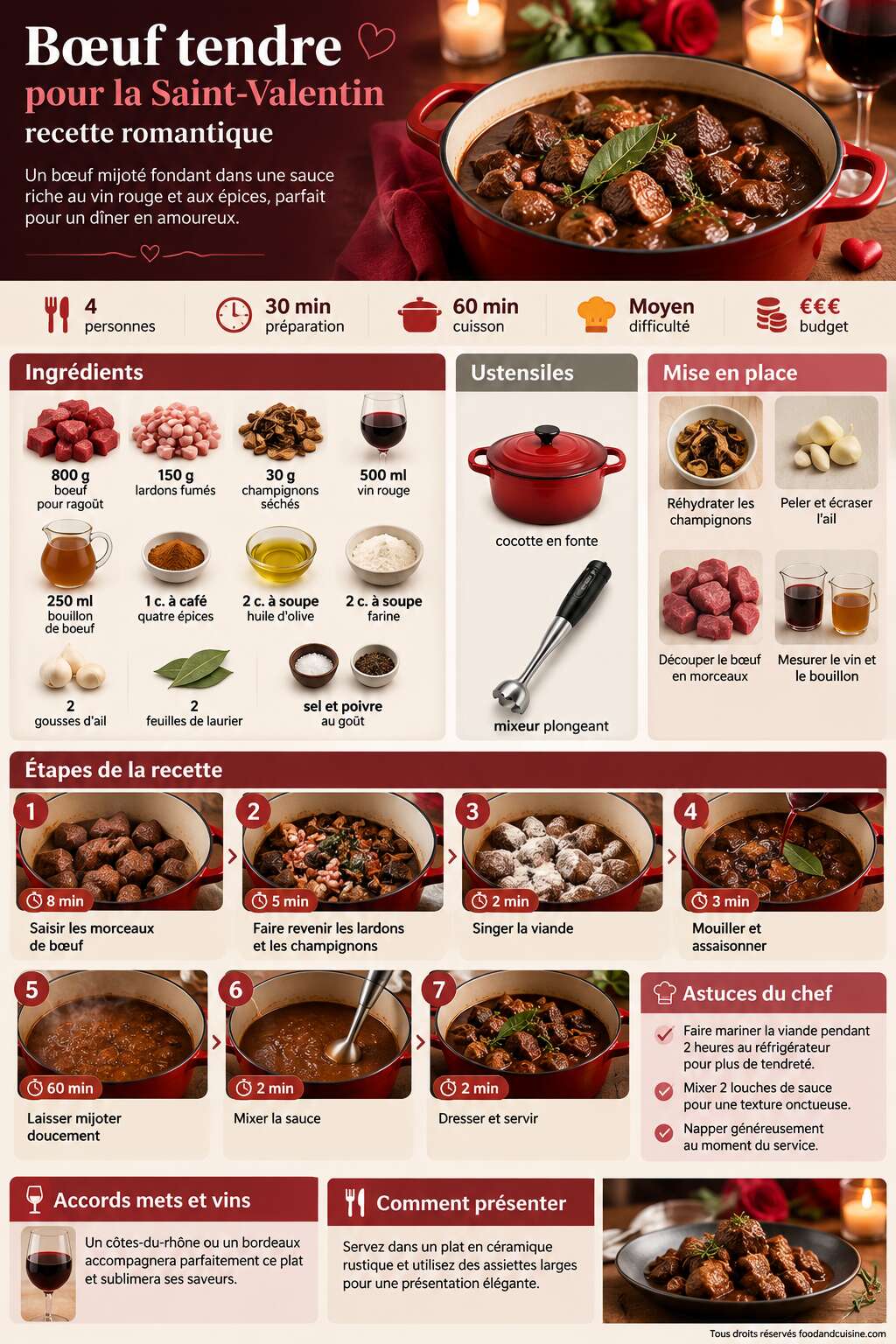 Fiche recette Bœuf tendre pour la Saint-Valentin : recette romantique Fiche recette Bœuf tendre pour la Saint-Valentin : recette romantique