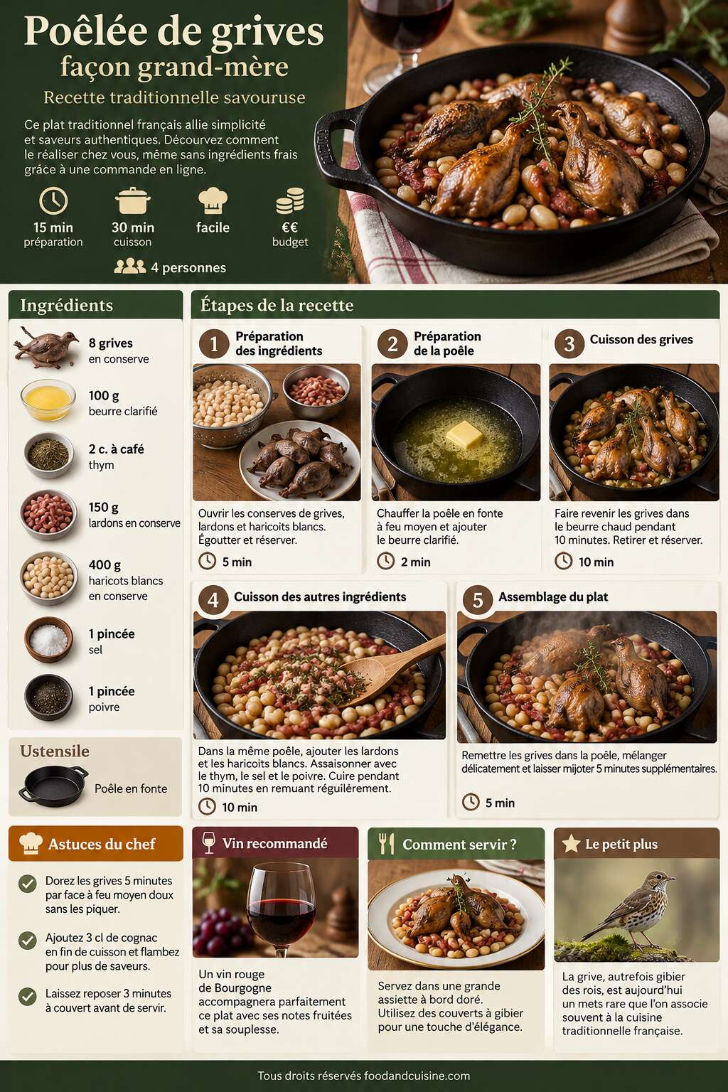 Fiche recette Poêlée de grives façon grand-mère : recette traditionnelle savoureuse Fiche recette Poêlée de grives façon grand-mère : recette traditionnelle savoureuse