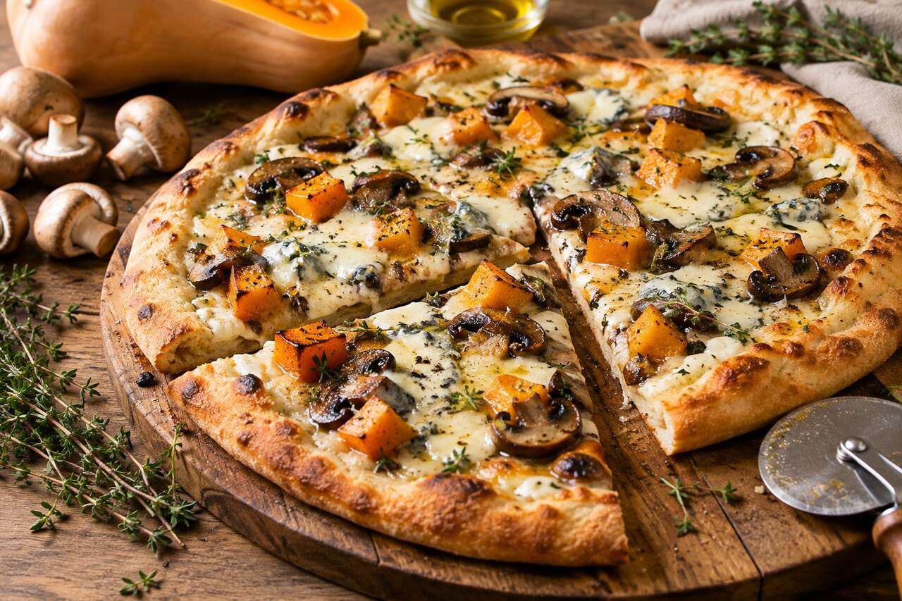 Pizza butternut, champignons et Morbier : recette gourmande