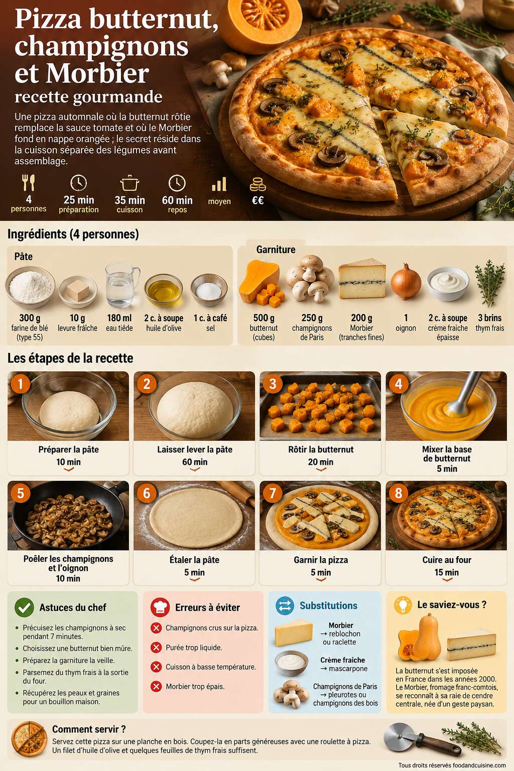 Fiche recette Pizza butternut, champignons et Morbier : recette gourmande
