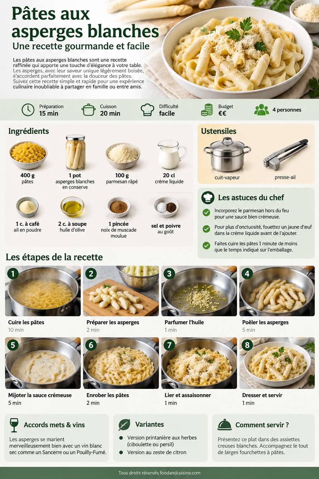 Fiche recette P&acirc;tes aux asperges blanches : une recette gourmande et facile