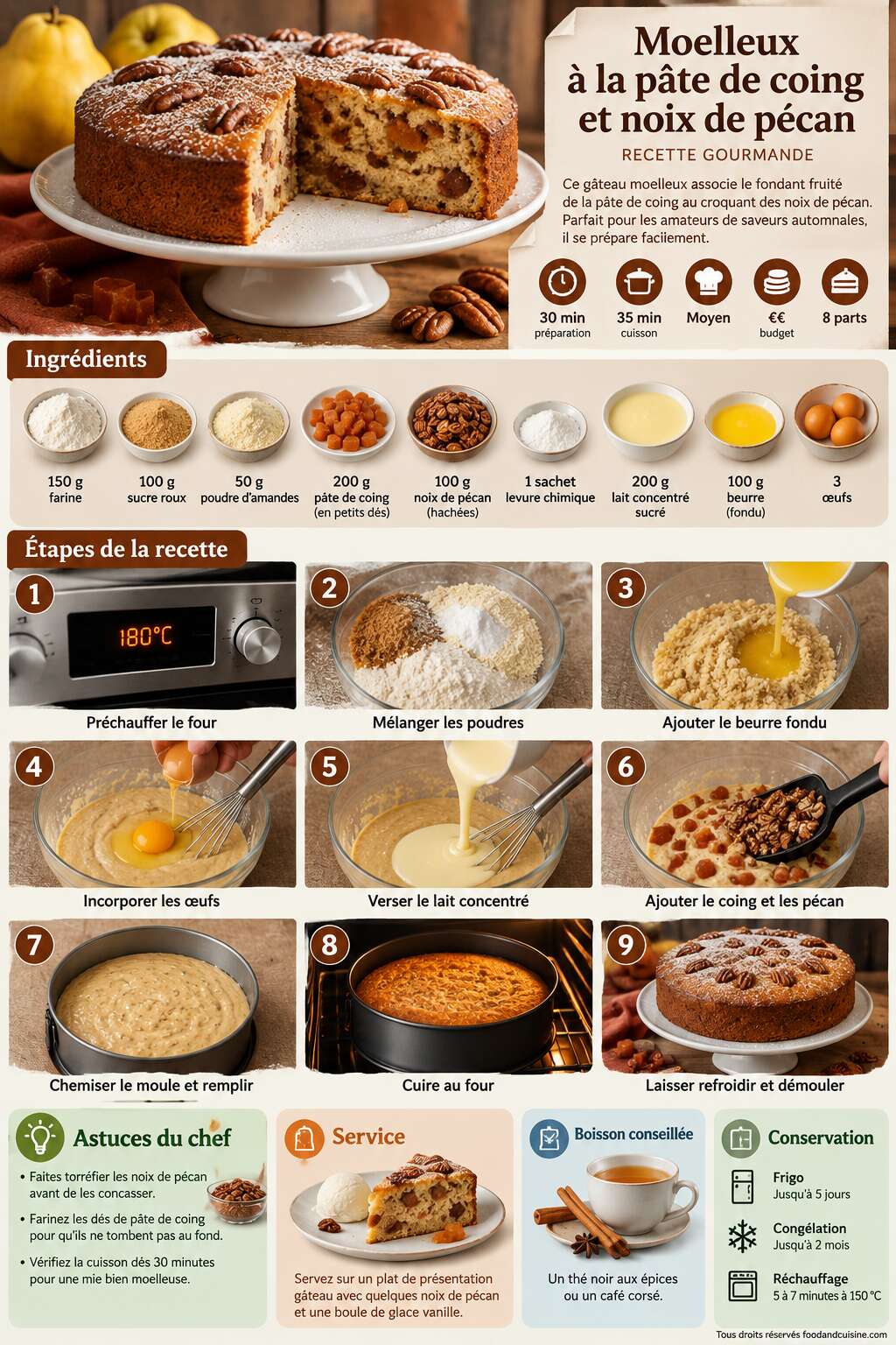 Fiche recette Moelleux &agrave; la p&acirc;te de coing et noix de p&eacute;can : recette gourmande
