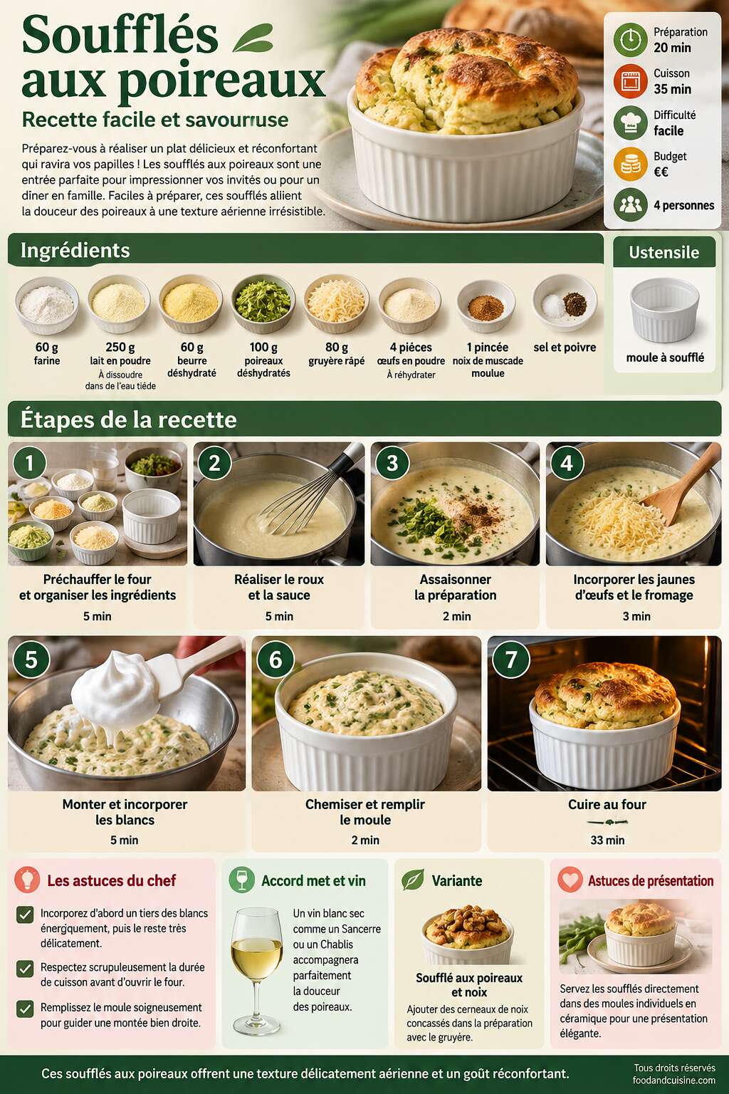 Fiche recette Souffl&eacute;s aux poireaux : recette facile et savoureuse
