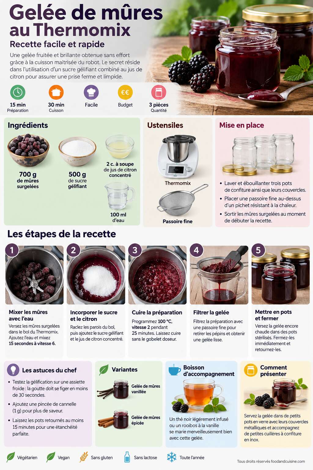 Fiche recette Gel&eacute;e de m&ucirc;res au Thermomix : recette facile et rapide