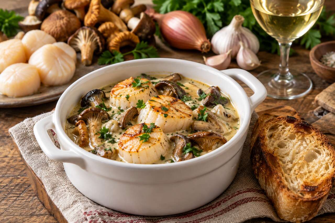 Cassolette de Saint-Jacques au vin blanc et champignons des bois : recette gourmande