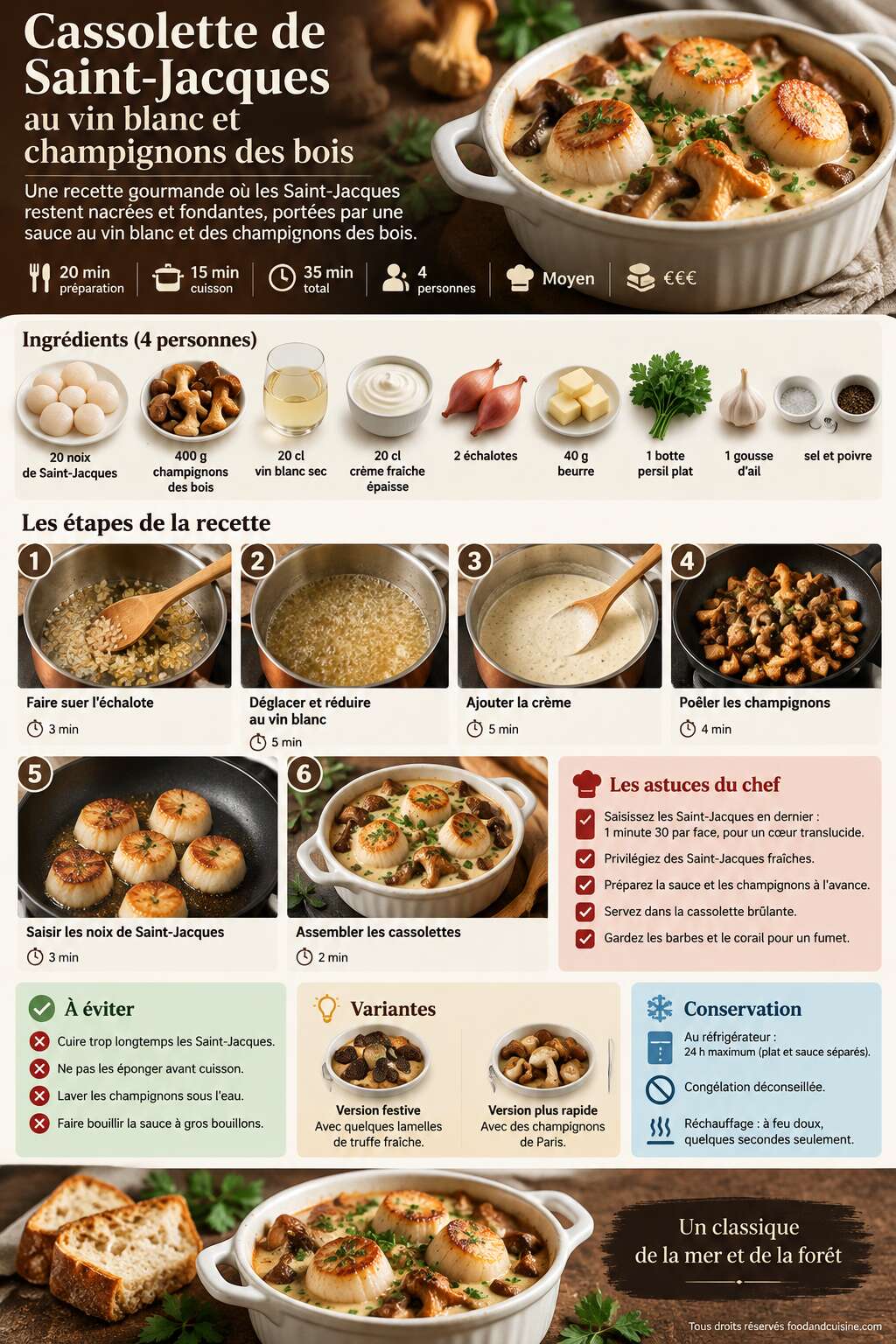 Fiche recette Cassolette de Saint-Jacques au vin blanc et champignons des bois : recette gourmande Fiche recette Cassolette de Saint-Jacques au vin blanc et champignons des bois : recette gourmande