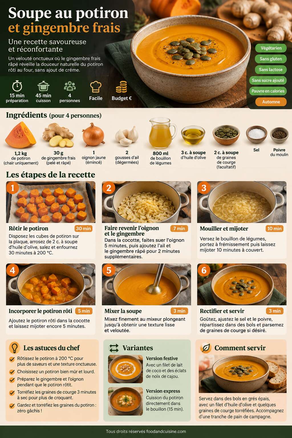 Fiche recette Soupe au potiron et gingembre frais : recette savoureuse et réconfortante Fiche recette Soupe au potiron et gingembre frais : recette savoureuse et réconfortante