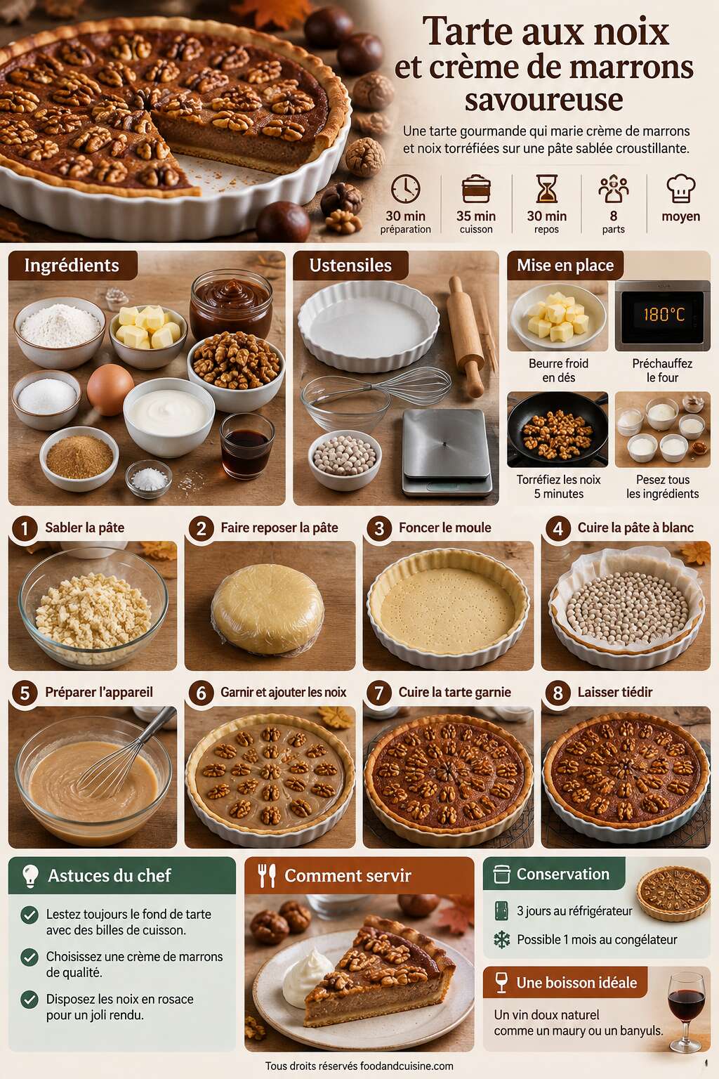 Fiche recette Recette : tarte aux noix et cr&egrave;me de marrons savoureuse
