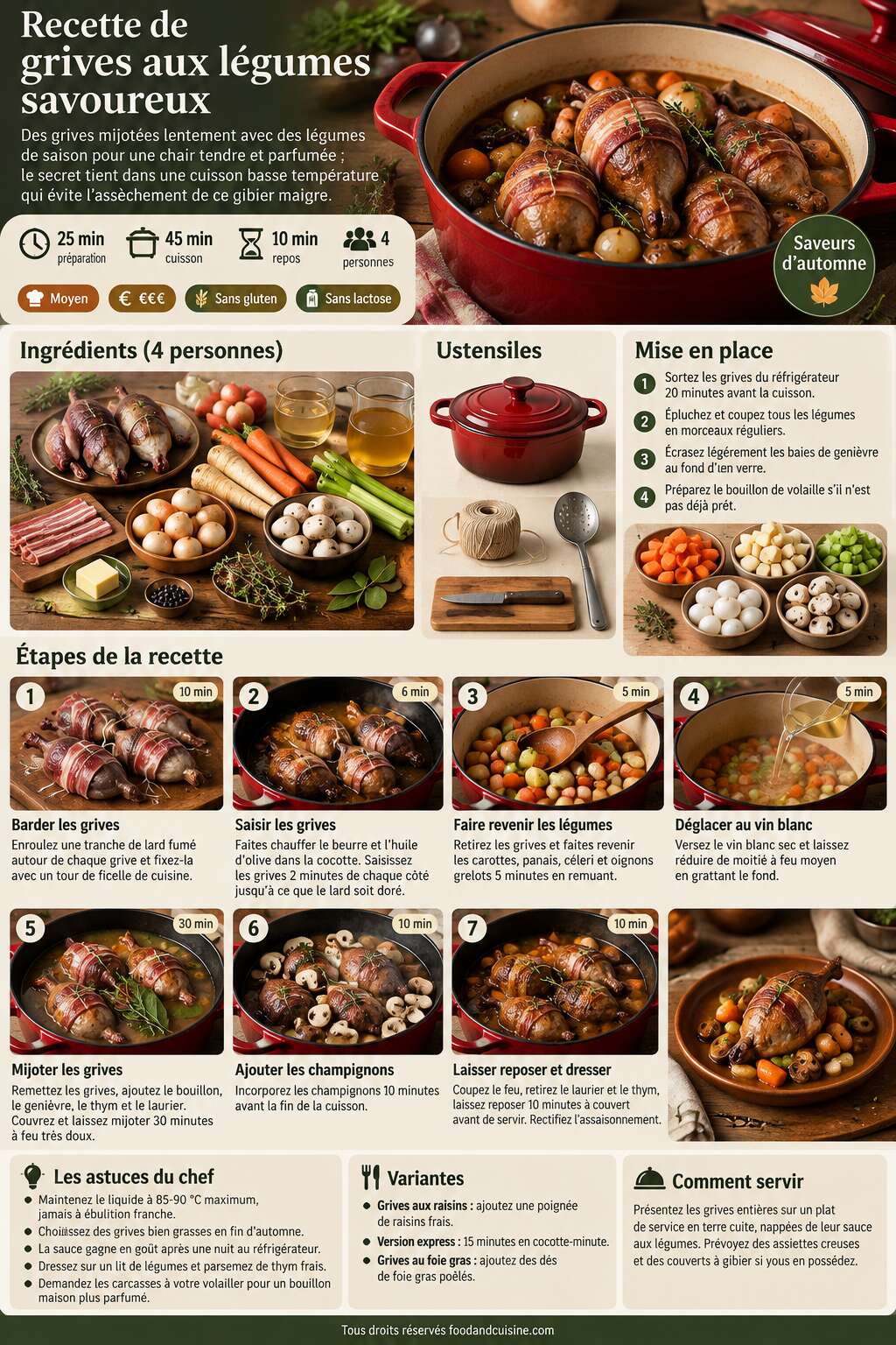 Fiche recette Recette de grives aux l&eacute;gumes savoureux