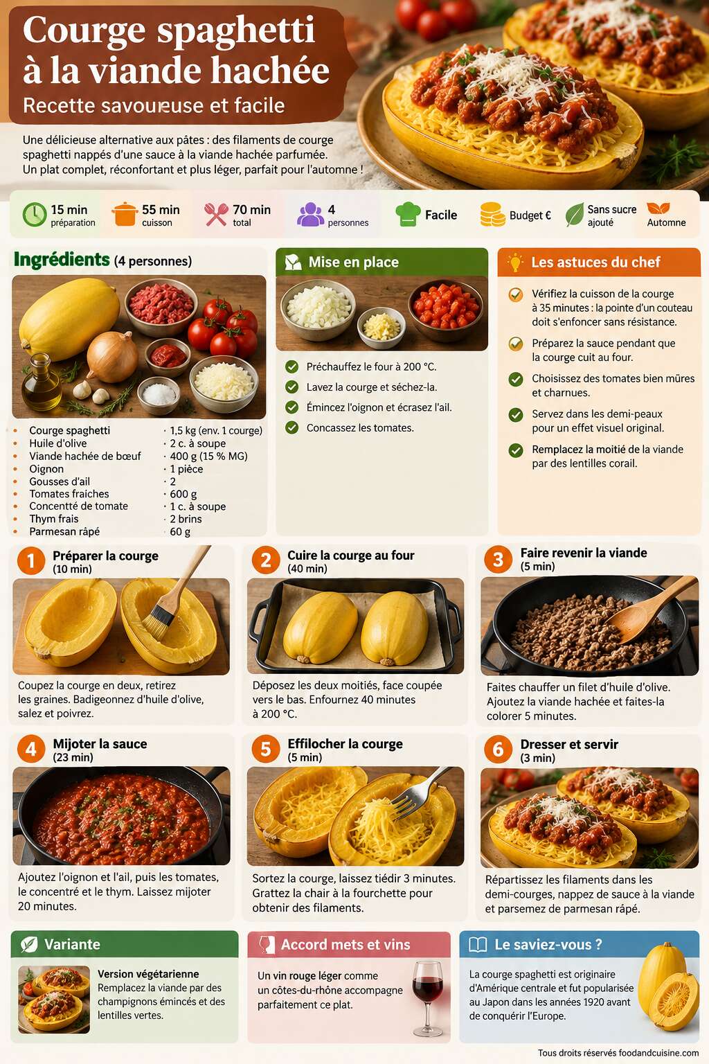 Fiche recette Courge spaghetti &agrave; la viande hach&eacute;e : recette savoureuse et facile