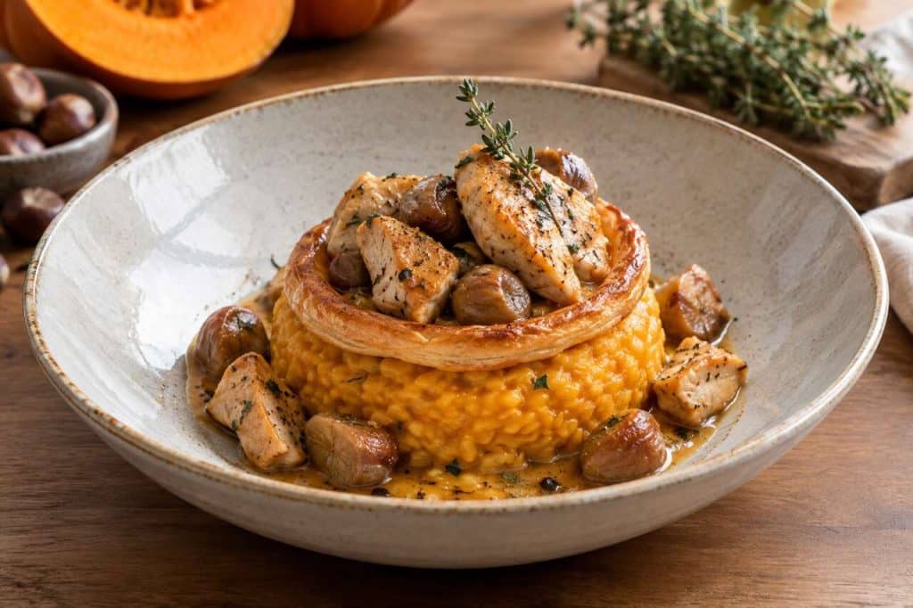 Sauté de volaille aux marrons et risotto au potimarron de Cyril Lignac